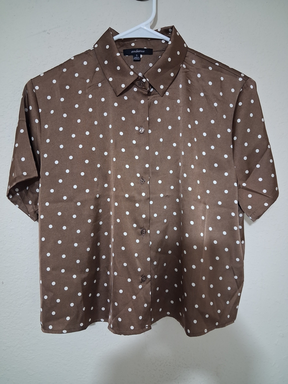 Ambiance Brown Short Sleeve Polka Dot Button-Down Shirt